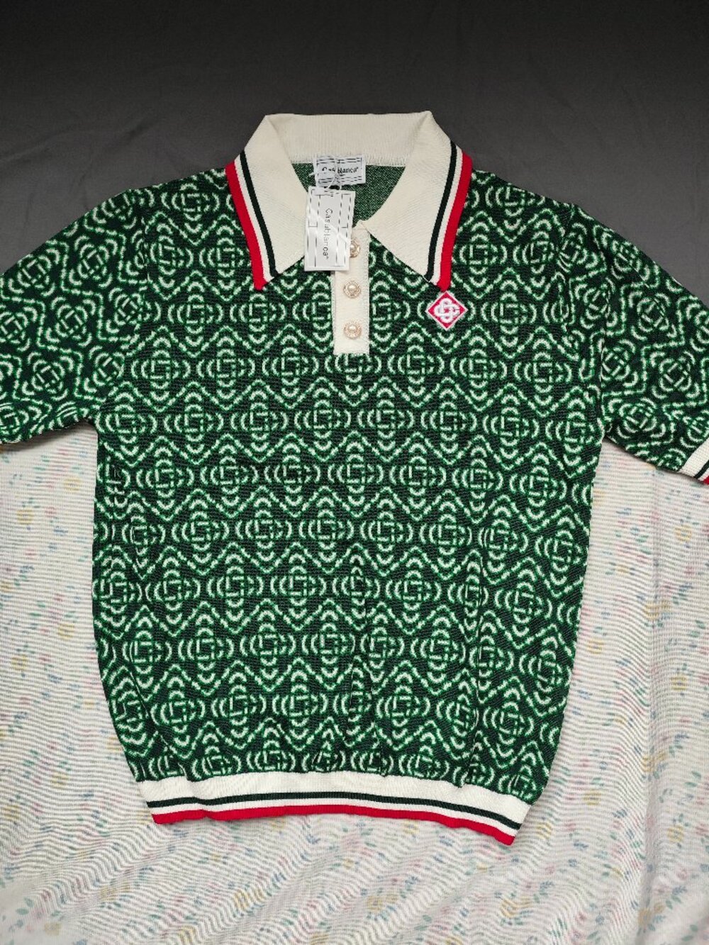 Casablanca Green Monogram-Print Knit Short-Sleeve Polo Shirt